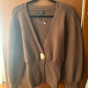 Elegant Brown Cardigan with Gold Accent